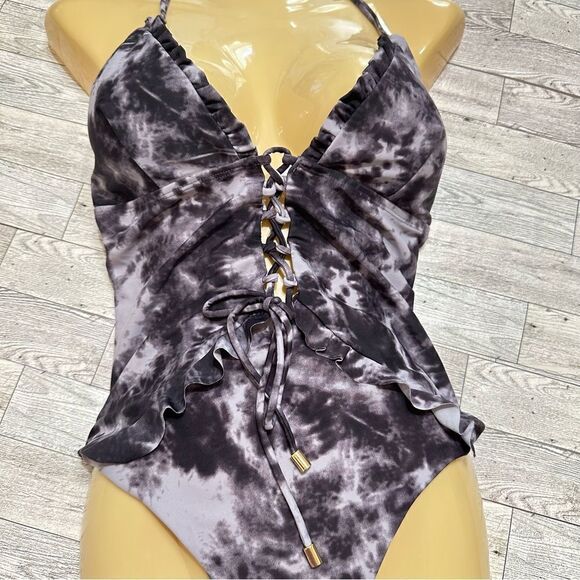 NWOT TIE DYE LACE UP RUFFLE TRIM PLUNGING HALTER PADDED ONE PIECE SWIMSUIT LARGE - Picture 9 of 12